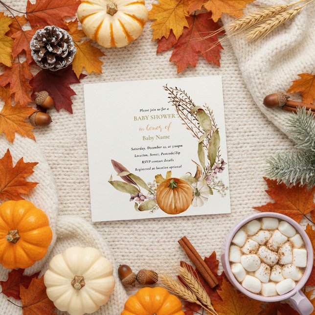 Invitación a la ducha de bebé otoño (Autumn fall pumpkin baby shower invitation.)