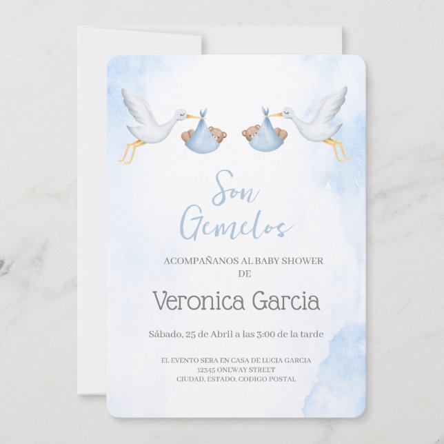 Invitación a la ducha de bebé para gemelos (Anverso)