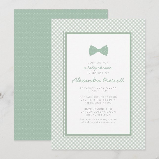 Invitación a la ducha de bebé sage green bow tie (Anverso / Reverso)
