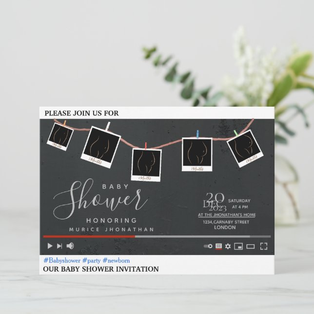 Invitación a la ducha de bebé tema en Youtube (Anverso de pie)