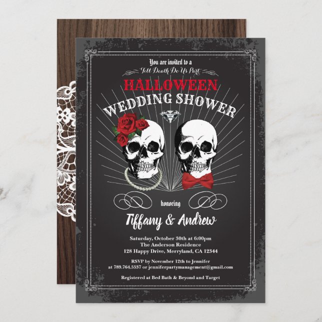 Invitación a la ducha de boda de Halloween. Rojo n (Anverso / Reverso)