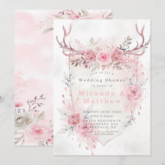 Invitación A La Ducha De Boda De Peony Deer Antler (Anverso / Reverso)