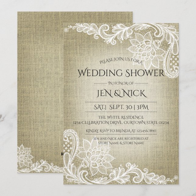 Invitación a la ducha de bodas de argollas y encaj (Anverso / Reverso)