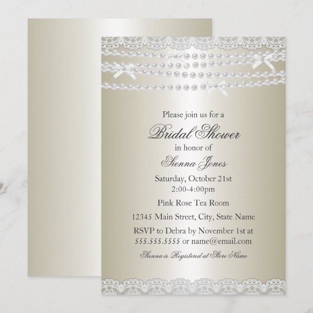 Invitación a la ducha de bonito Lace & Pearl Brida (Anverso / Reverso)