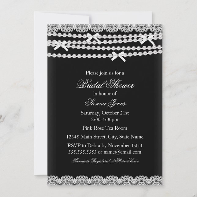 Invitación a la ducha de bonito Lace y Pearl Black (Anverso)