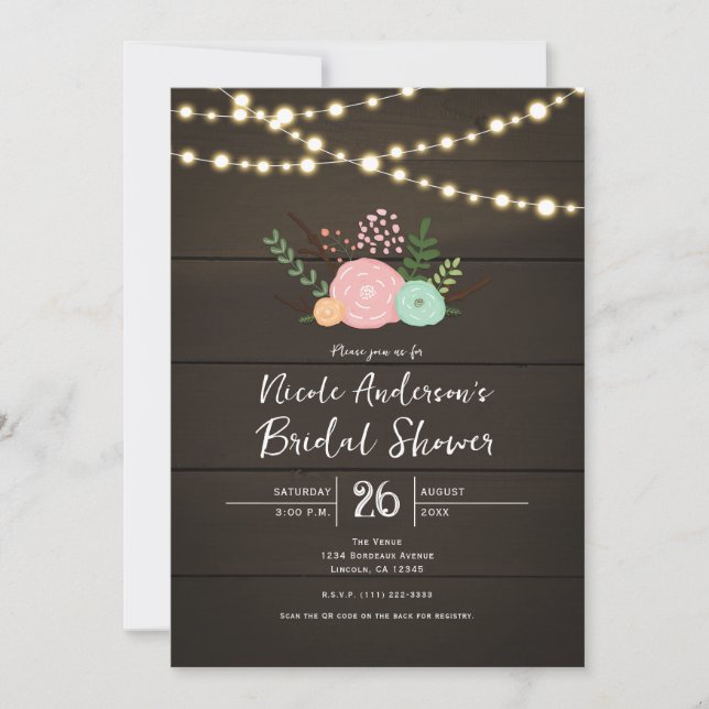 Invitación a la ducha de BRIDAL de flores y madera (Anverso)