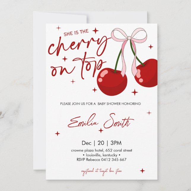 Invitación a la ducha de cerezo en la cima del beb (Anverso)