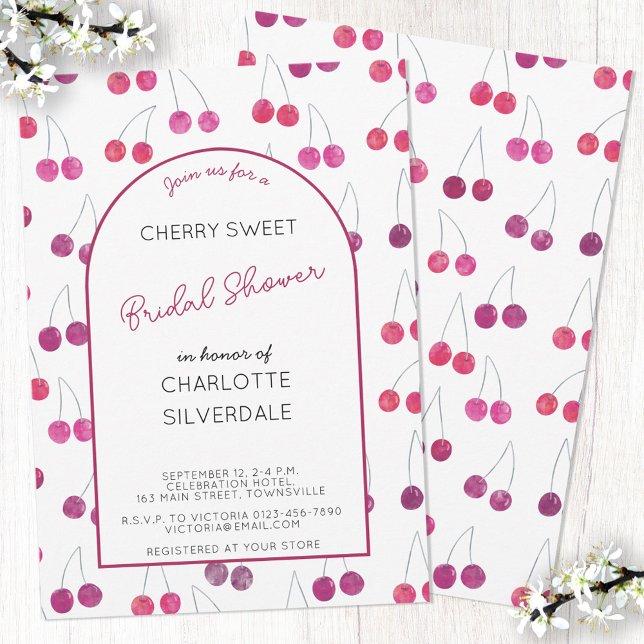 Invitación a la ducha de cerezo nupcial (Watercolor cherries pattern personalized custom name text bridal shower invitation)