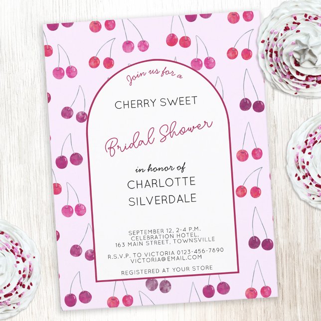 Invitación a la ducha de cerezo rosa (Cherry sweet pink watercolor cherries personalized custom text bridal shower invitation postcard)