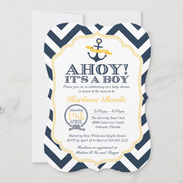 Invitación a la ducha de Chevron Baby Boy Nautical (Anverso)