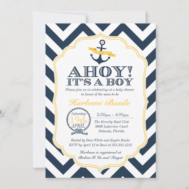 Invitación a la ducha de Chevron Baby Boy Nautical (Anverso)