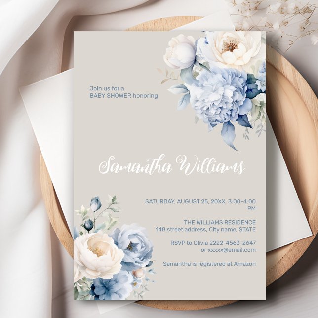 Invitación a la ducha de chica floral azul y marfi (Dusty blue watercolor flowers peonies rustic gender neutral baby shower invitation )