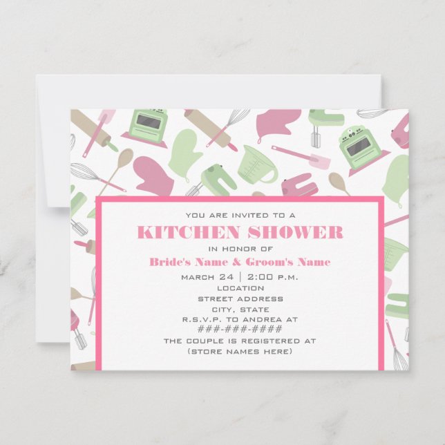 Invitación a la ducha de cocina - rosa y verde (Anverso)