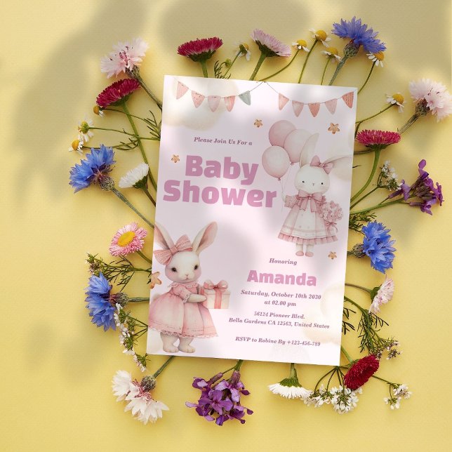 Invitación a la ducha de conejo para bebés rosados (Subido por el creador)