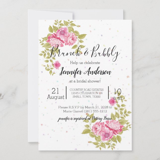Invitación a la ducha de confetti Rosa floral rosa (Anverso)