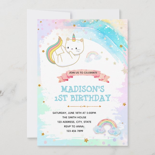 Invitación a la ducha de cumpleaños de Cat unicorn (Anverso)
