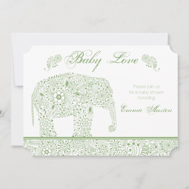 Invitación a la ducha de elefante bebé verde (Anverso)