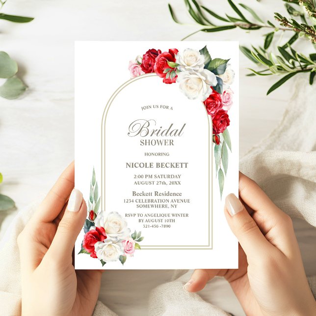 Invitación a la ducha de flores rojas en arco flor (Subido por el creador)
