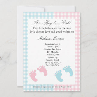 Invitación a la ducha de gemelos azules y rosas
