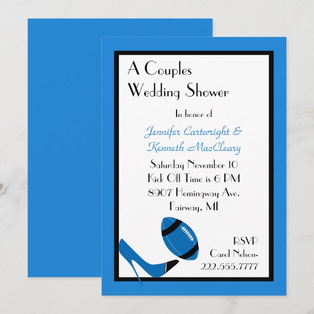 Invitación a la ducha de la boda de fútbol azul y  (Anverso / Reverso)