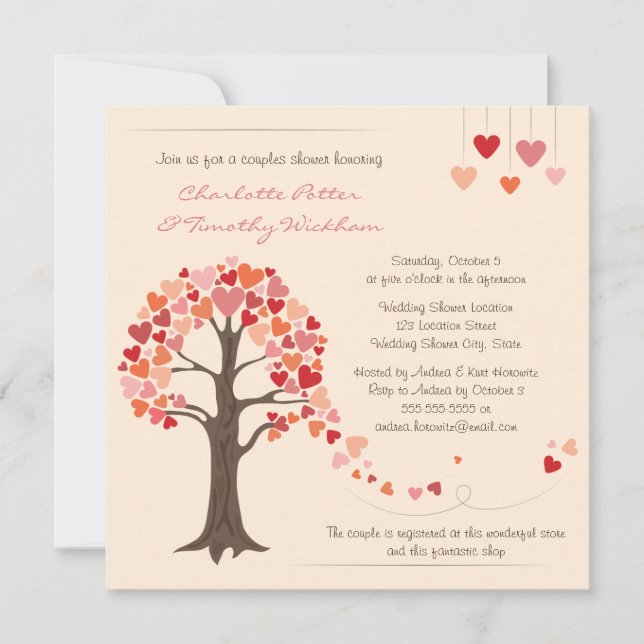 Invitación a la ducha de la boda de los corazones  (Anverso)