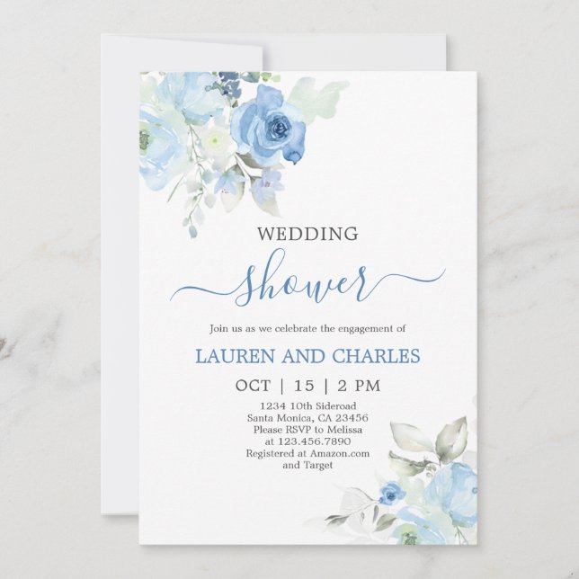 Invitación a la ducha de la boda floral azul (Anverso)