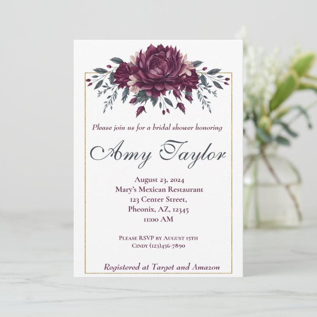 Invitación a la ducha de la boda floral de Borgoña (Anverso de pie)