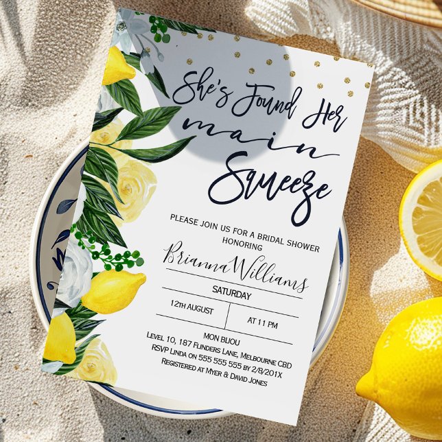 Invitación a la ducha de la brida principal de la  (Modern She found Her Main Squeeze Bridal Shower Invitation, Floral and Lemons Main Squeeze Bridal)