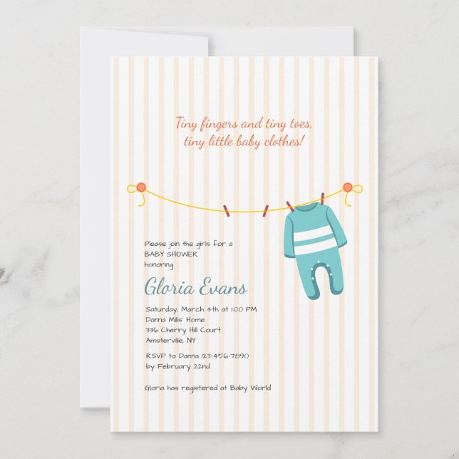 Invitación a la ducha de la línea de ropa del bebé (Anverso)