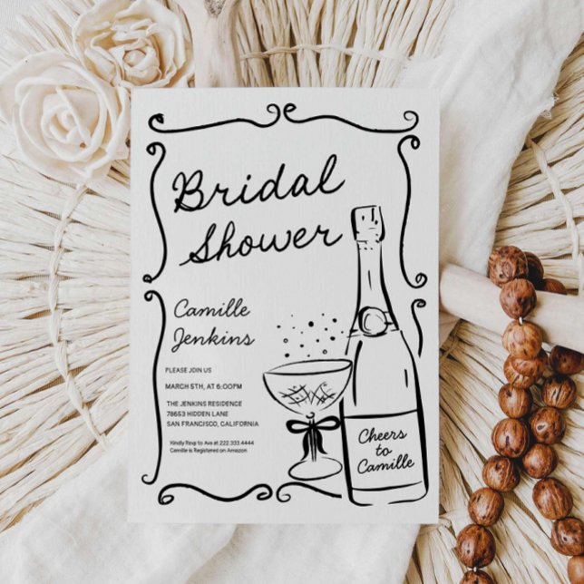 Invitación a la ducha de la mano de champagne Brid (Champagne Bridal Shower Hand Drawn Black and White Invitation)