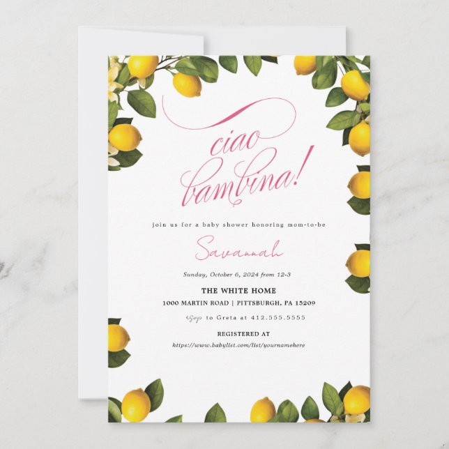 Invitación a la ducha de la niña Ciao Bambina Lemo (Anverso)