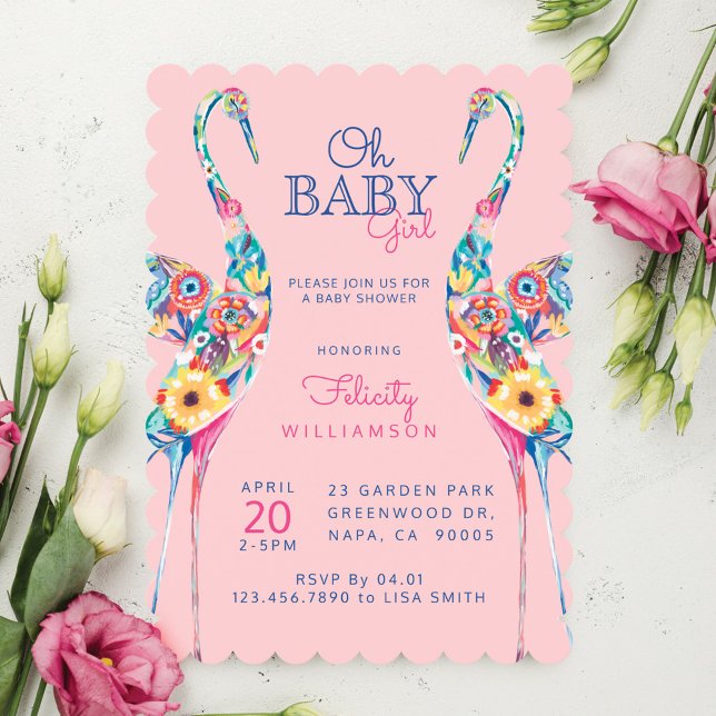 Invitación a la ducha de la niña cigüeña botánica  (Floral Botanical Stork Baby Girl Shower Invitation)