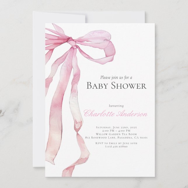 Invitación a la ducha de la niña rosa acuarela (Anverso)