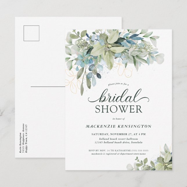 Invitación a la ducha de la novia azul verde Eucal (Anverso / Reverso)