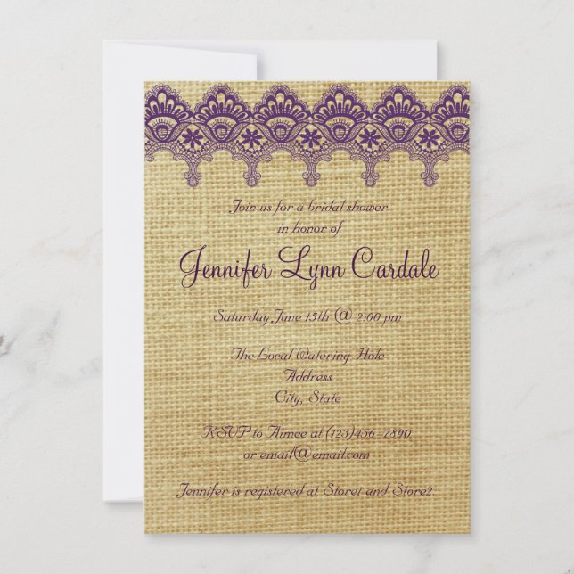 Invitación a la ducha de la novia de Burlap Purple (Anverso)