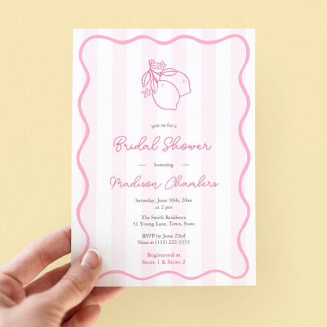Invitación a la ducha de la novia de un circulo ro (Pretty pink and white doodles citrus lemon bridal shower invitation with modern wavy border)