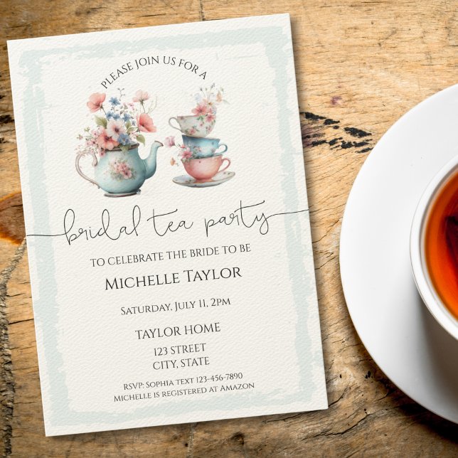 Invitación a la ducha de la novia del té acuarela  (vintage teapot and tea cups with flowers bridal shower invitation)