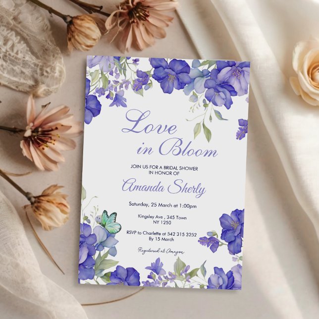 Invitación a la ducha de la novia púrpura en Bloom (Love in Bloom Purple Bridal Shower Invite)