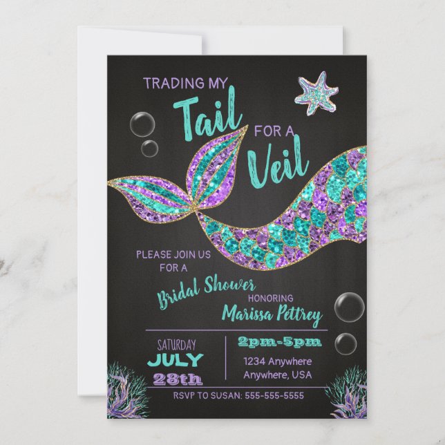 Invitación a la ducha de la novia, tiza purpurina (Anverso)