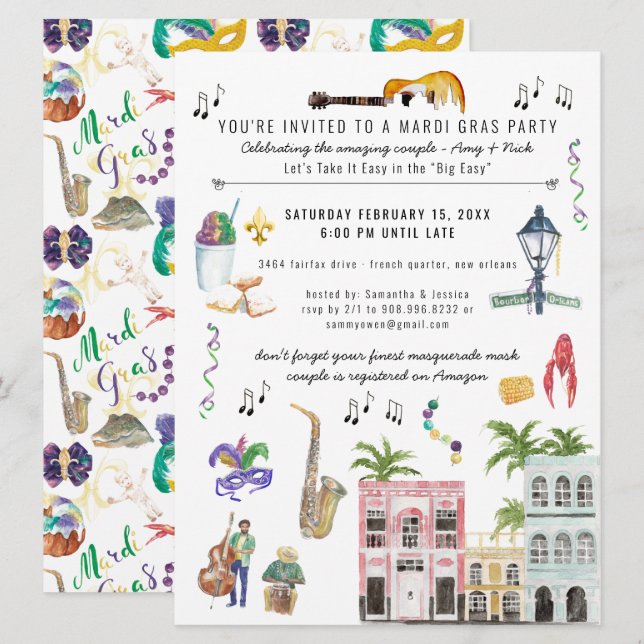 Invitación a la ducha de la pareja Mardi Gras (Anverso / Reverso)