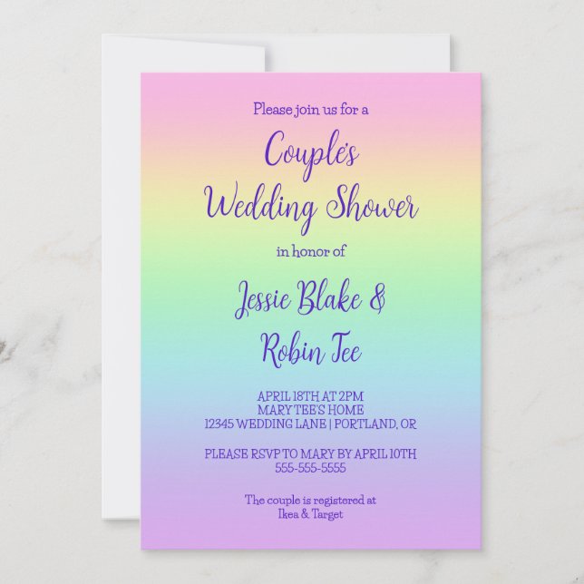 Invitación a la ducha de la pareja pastel arcoiris (Anverso)