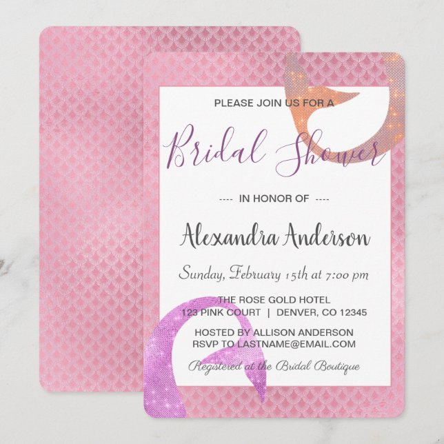 Invitación a la ducha de la sirena de Rosa con esp (Anverso / Reverso)