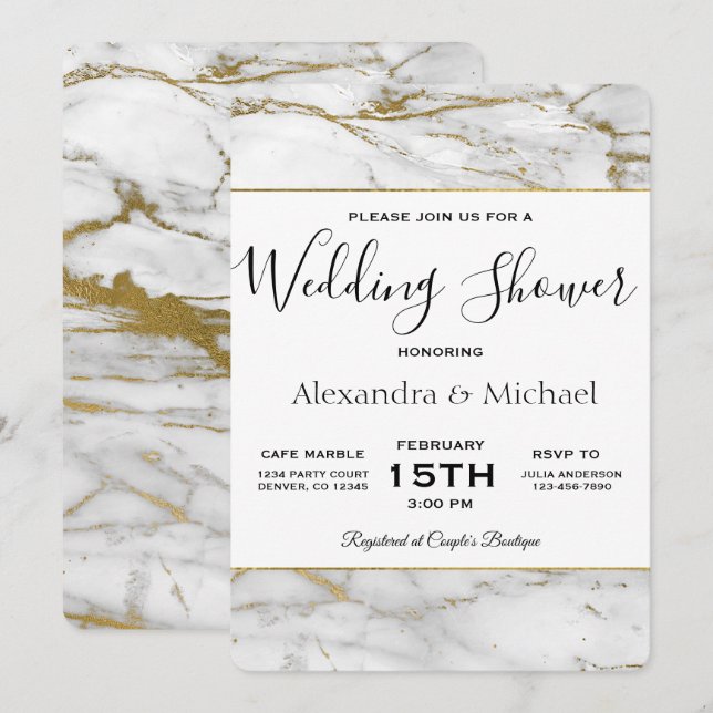 Invitación a la ducha de mármol blanco y dorado de (Anverso / Reverso)