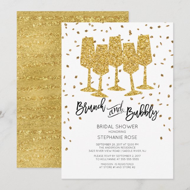 Invitación a la ducha de moda Gold Brunch & Bubbly (Anverso / Reverso)