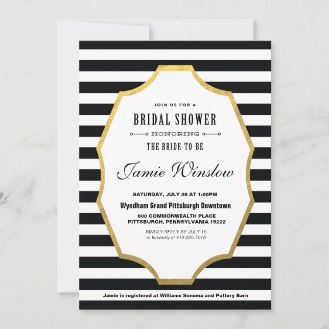 Invitación a la ducha de novia a rayas blancas y n (Anverso)