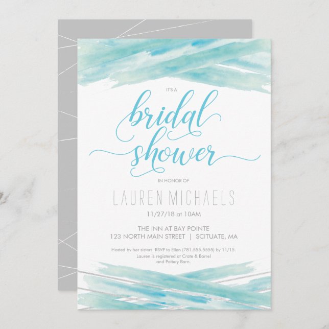 Invitación a la ducha de novia, acuarela, azul, pl (Anverso / Reverso)