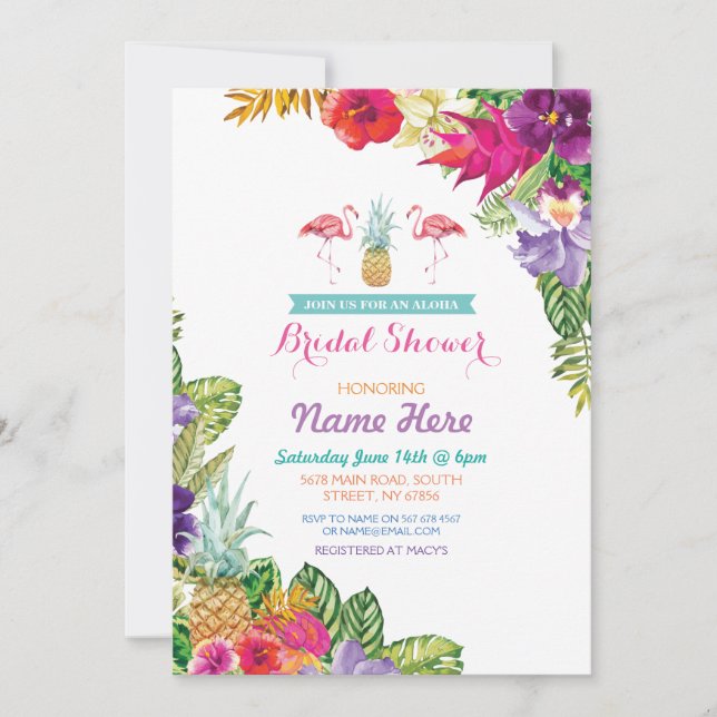 Invitación a la ducha de novia Aloha Luau Flamingo (Anverso)