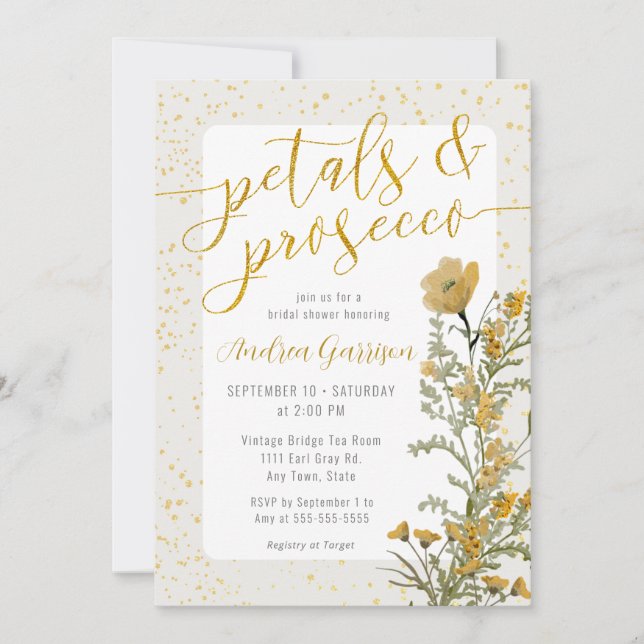 Invitación a la ducha de novia amarilla de Petals  (Anverso)
