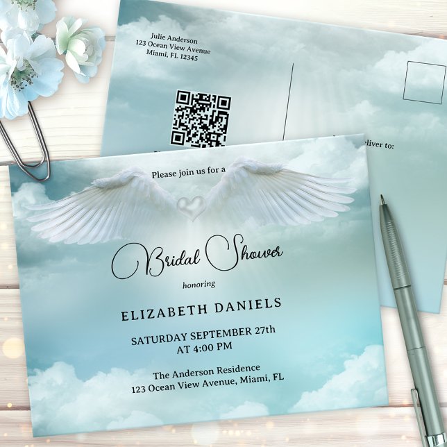 Invitación a la ducha de novia Angel Blessenly (Bridal shower invitation postcard featuring a heavenly scene with dream clouds and angel wings)