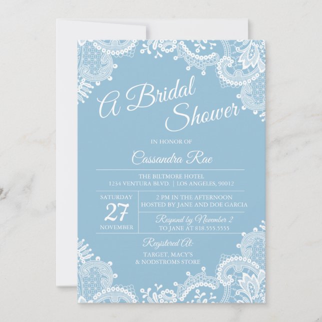 Invitación a la ducha de novia azul claro y encaje (Anverso)